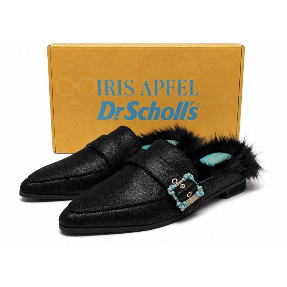 Iris Apfel Dr. Scholl's Mr. Carl Mule Black Size 11M Sparkly Furry Dustbag NIB